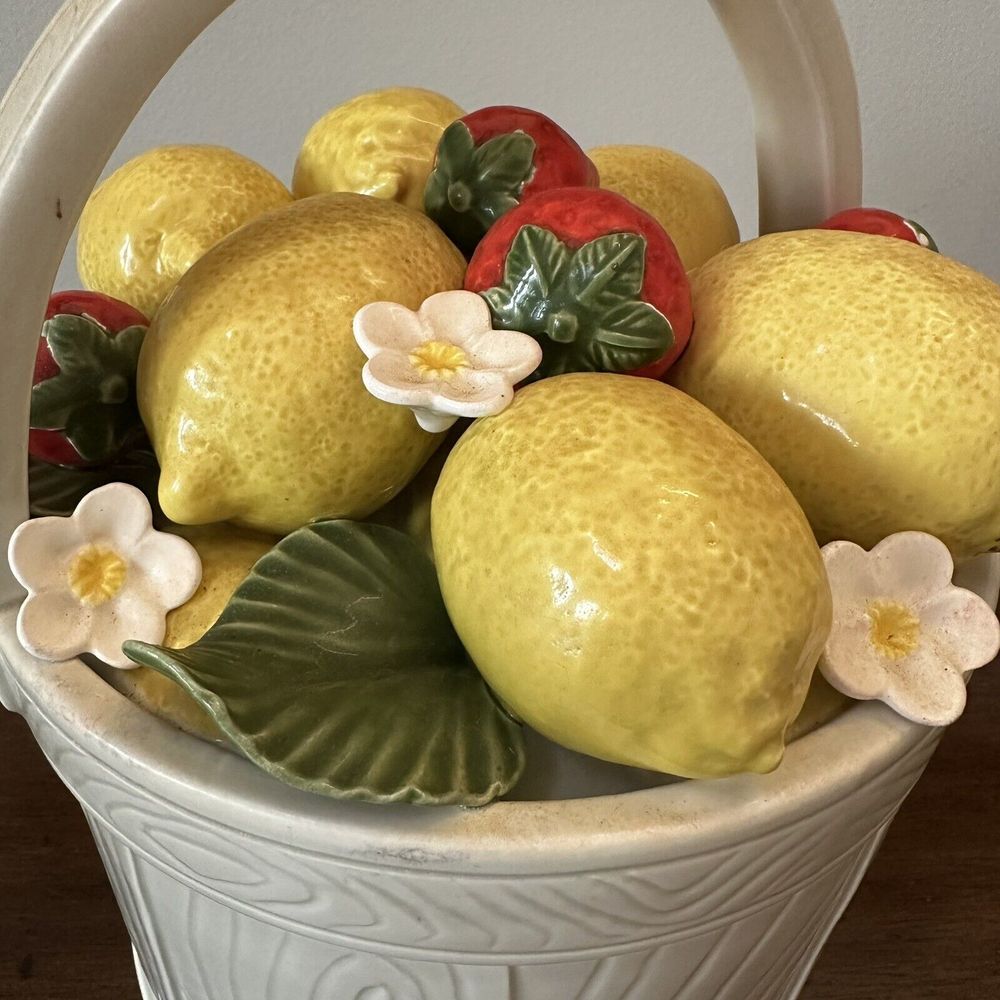 Fitz and Floyd Lemon Strawberry 1987 Ceramic Fruit Basket 11" Vintage Lidded Box - Picture 2 of 9